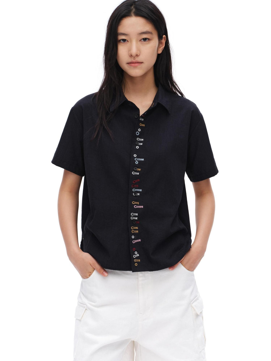 oinimi Navy Embroidered Buttonhole Collared Women&
