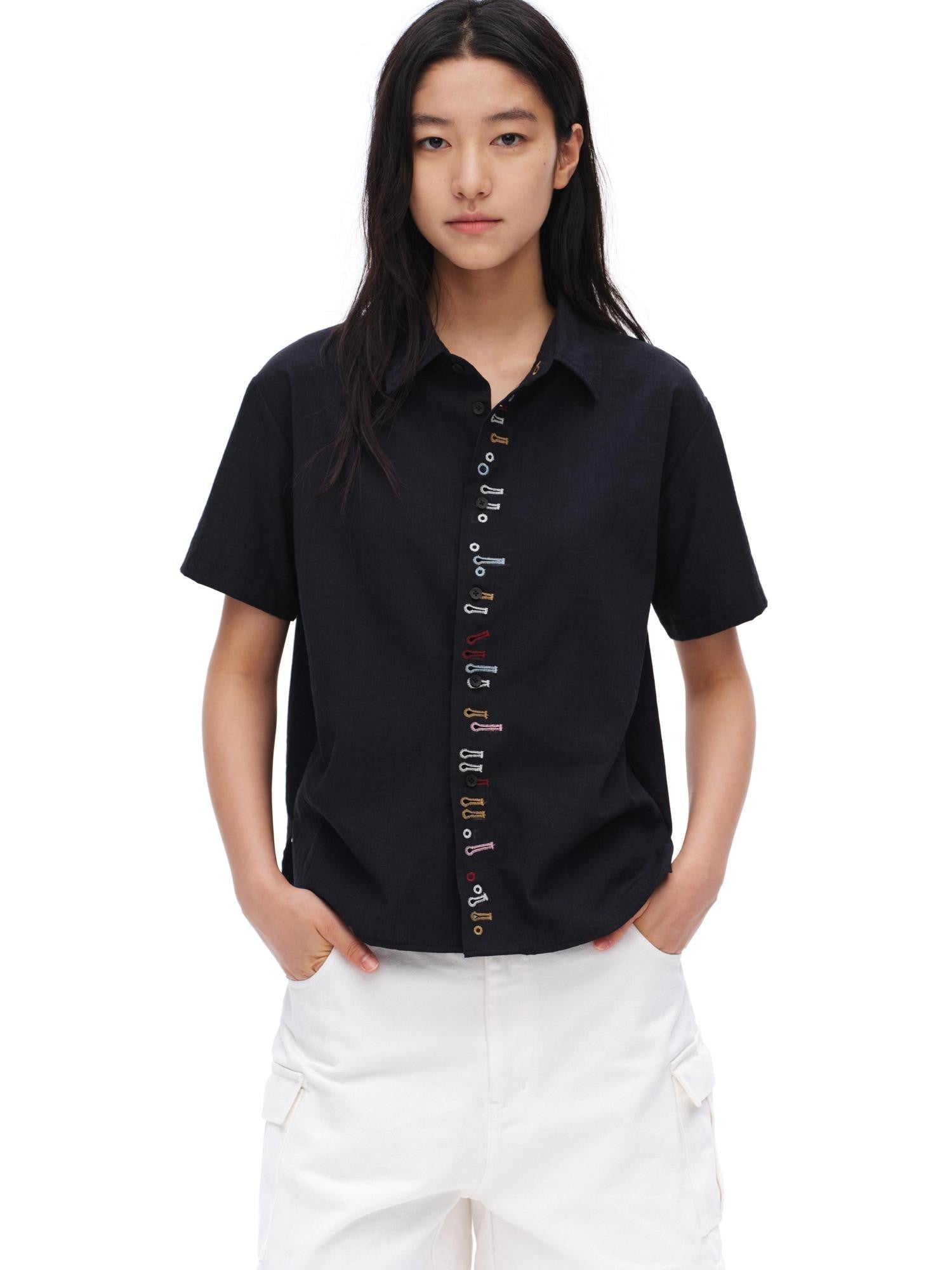 oinimi Navy Embroidered Buttonhole Collared Women&