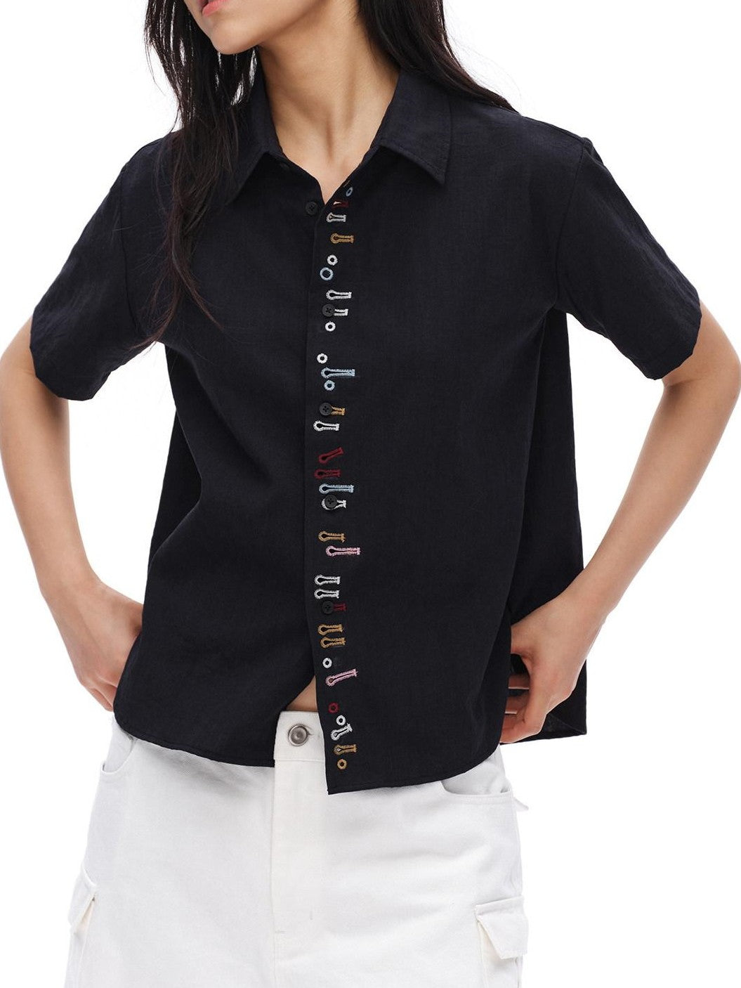 oinimi Navy Embroidered Buttonhole Collared Women&