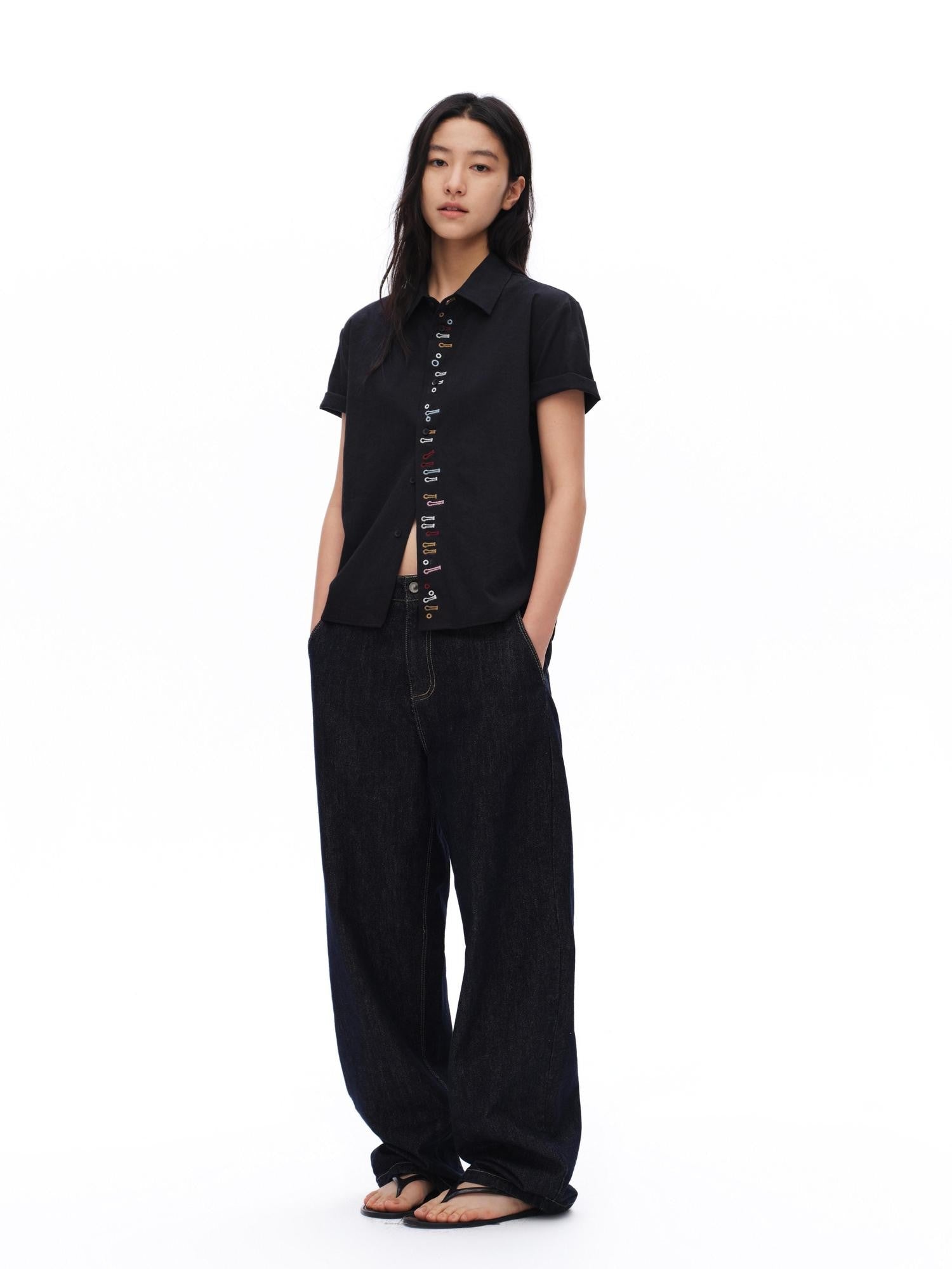 oinimi Navy Embroidered Buttonhole Collared Women&