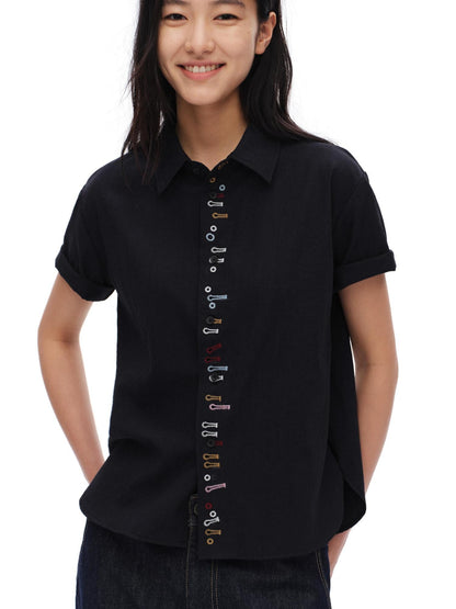 oinimi Navy Embroidered Buttonhole Collared Women&