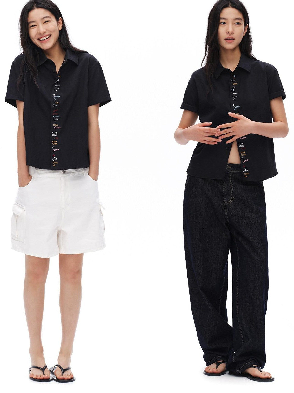 oinimi Navy Embroidered Buttonhole Collared Women&
