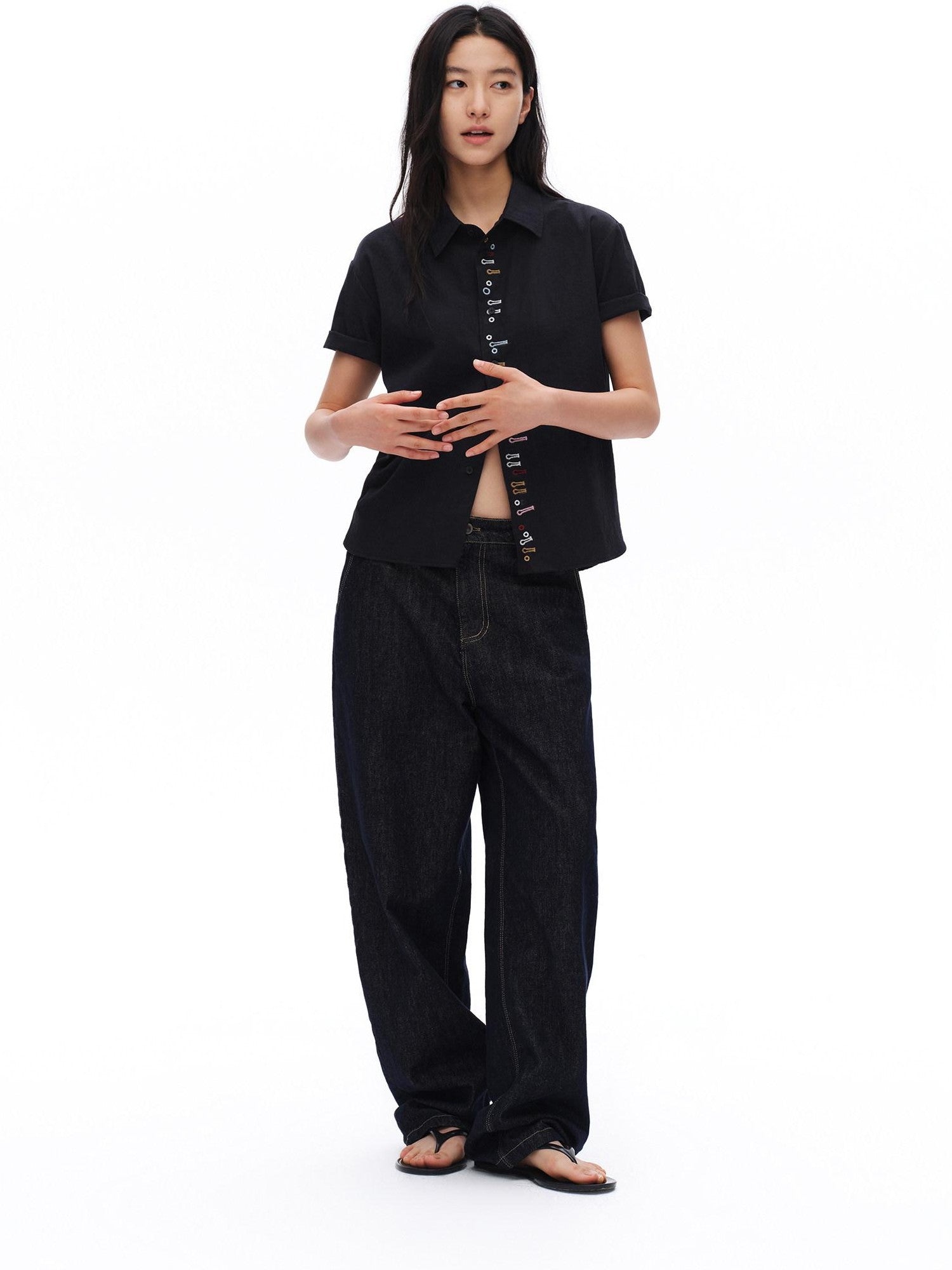 oinimi Navy Embroidered Buttonhole Collared Women&