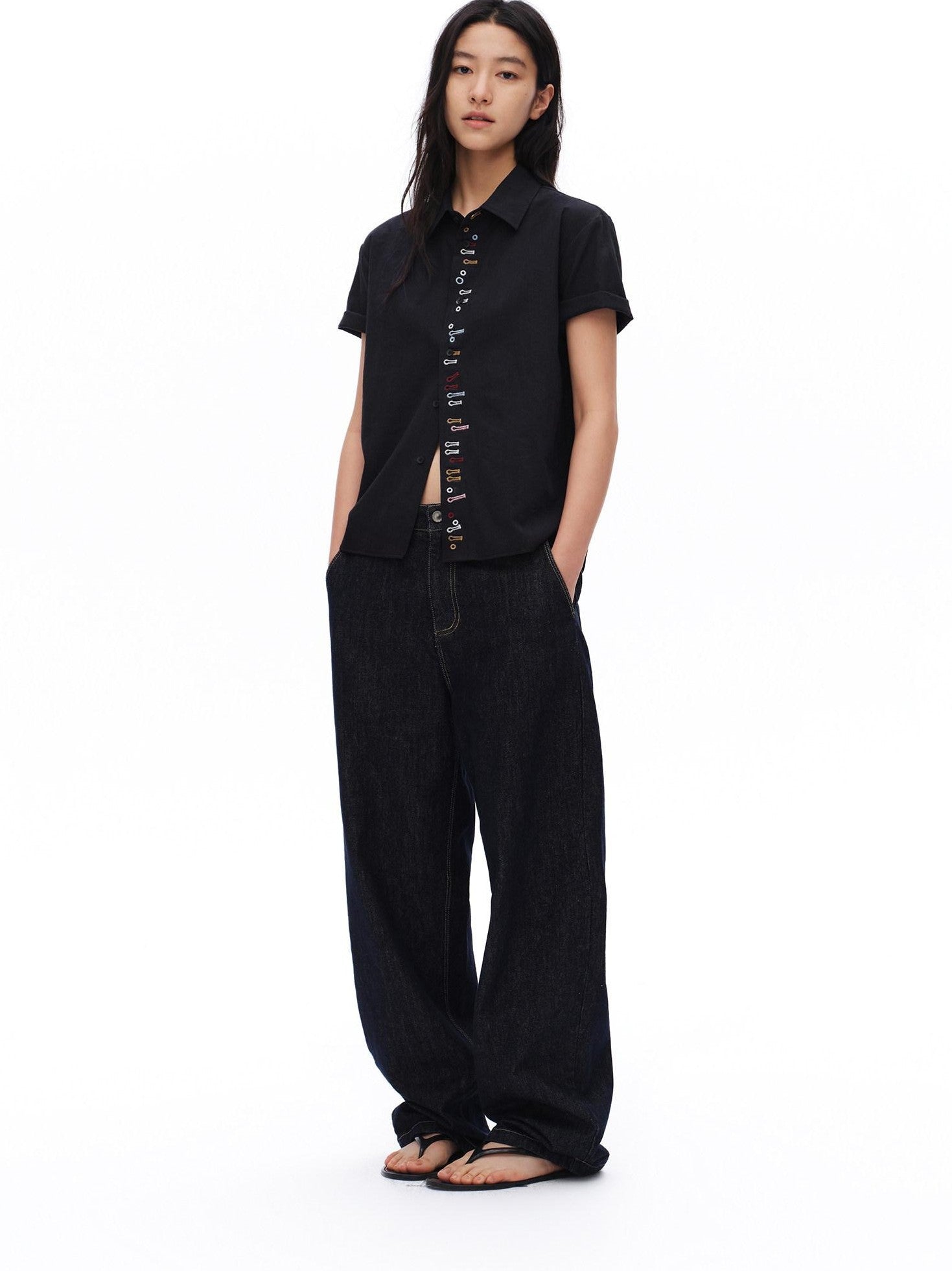oinimi Navy Embroidered Buttonhole Collared Women&