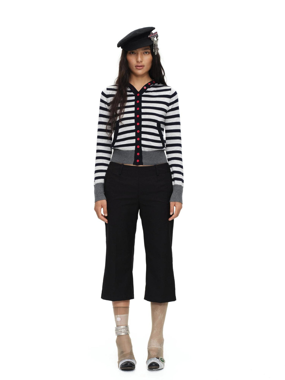oinimi Navy Stripe Hooded Colorblock Retro Knit Women&