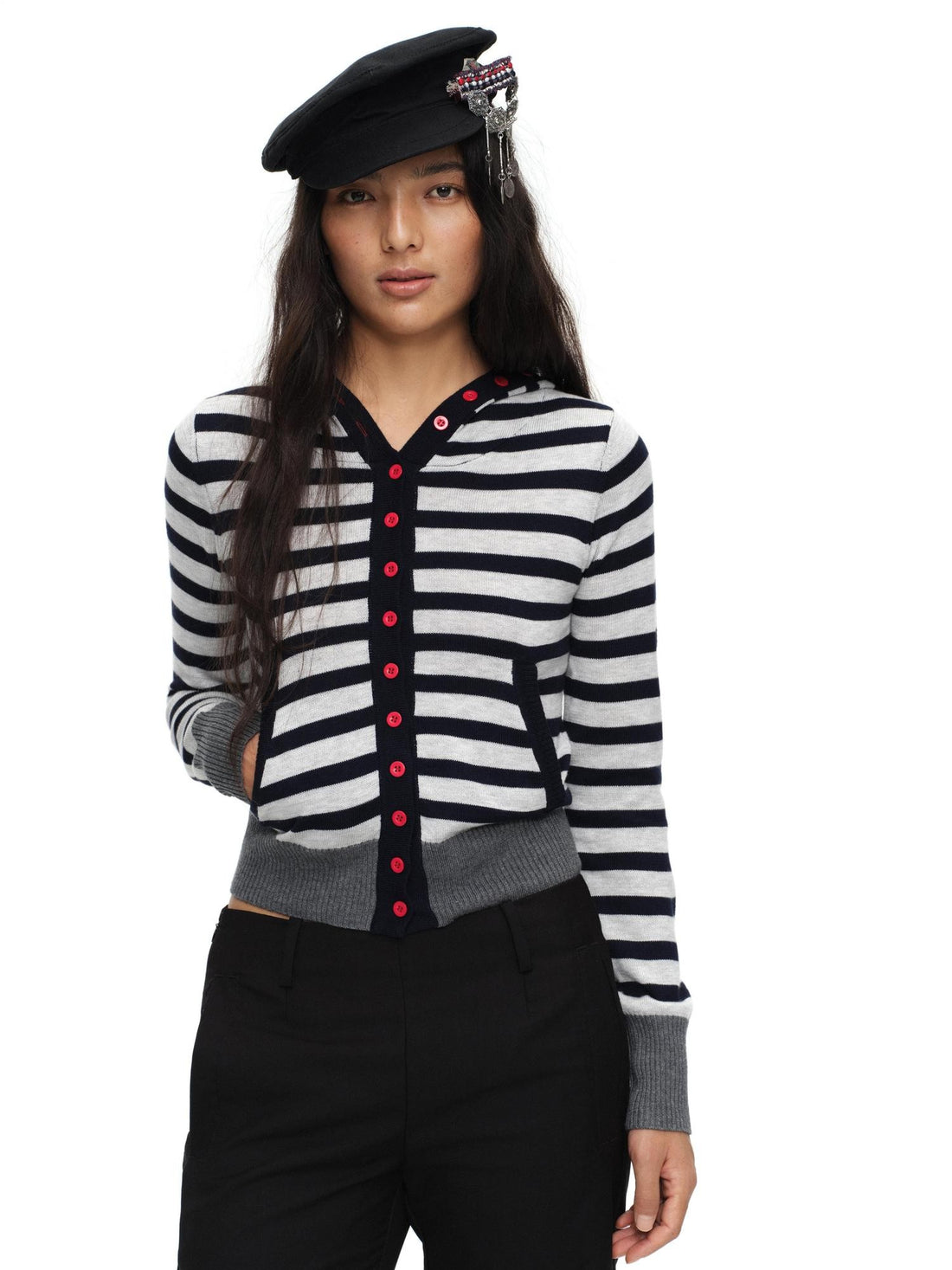 oinimi Navy Stripe Hooded Colorblock Retro Knit Women&