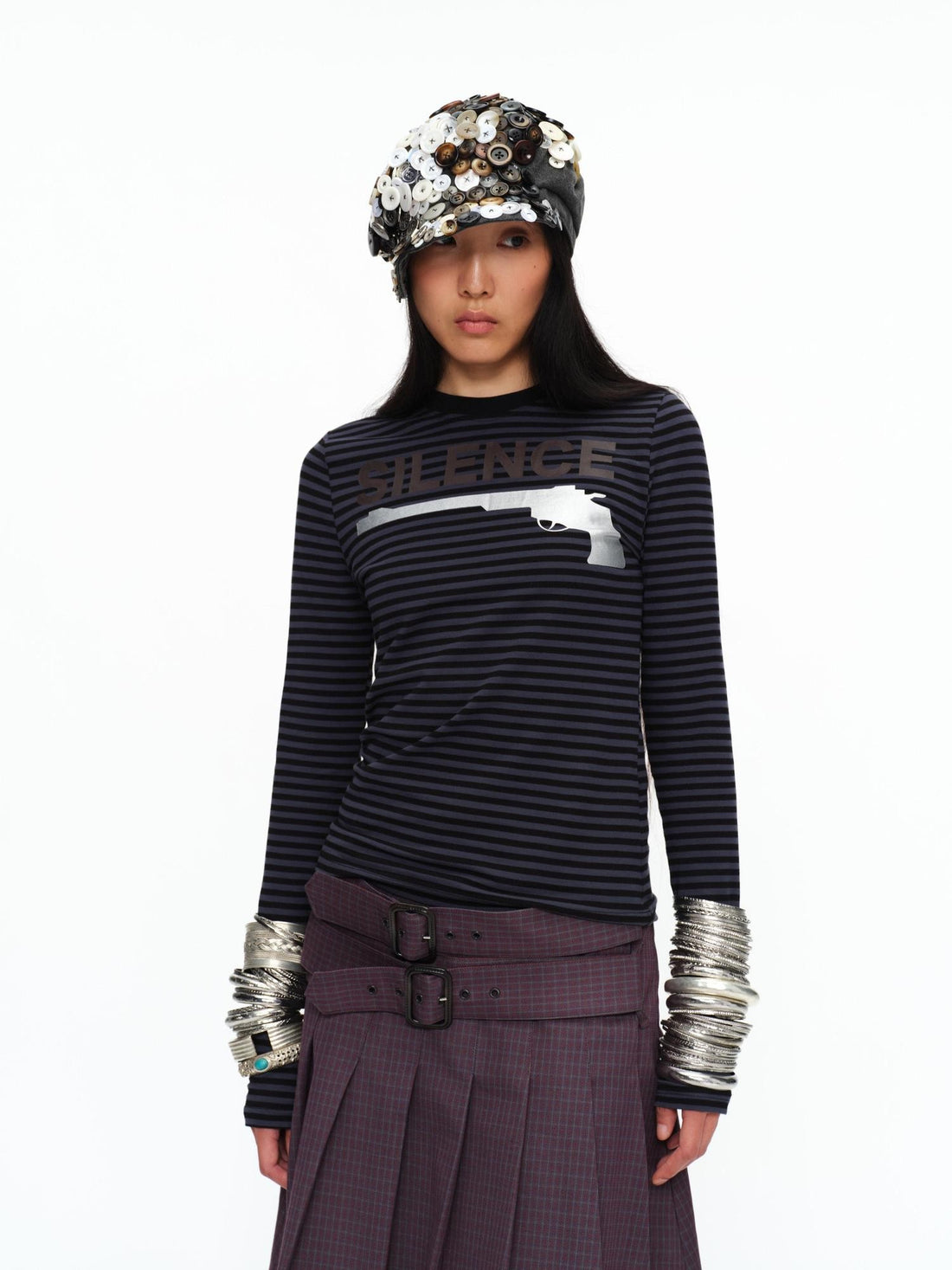 oinimi Navy Striped Letter Print Slim Fit Women&