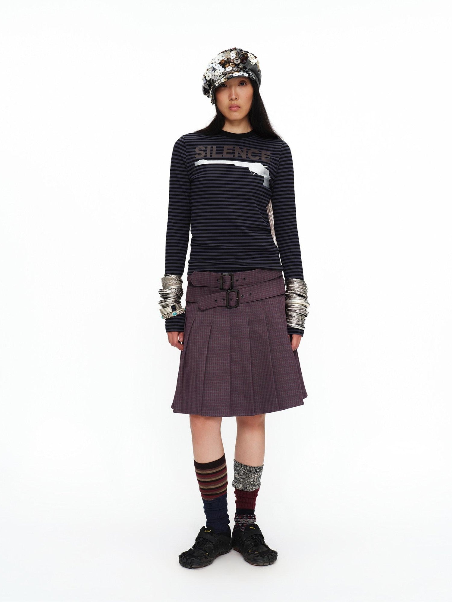 oinimi Navy Striped Letter Print Slim Fit Women&