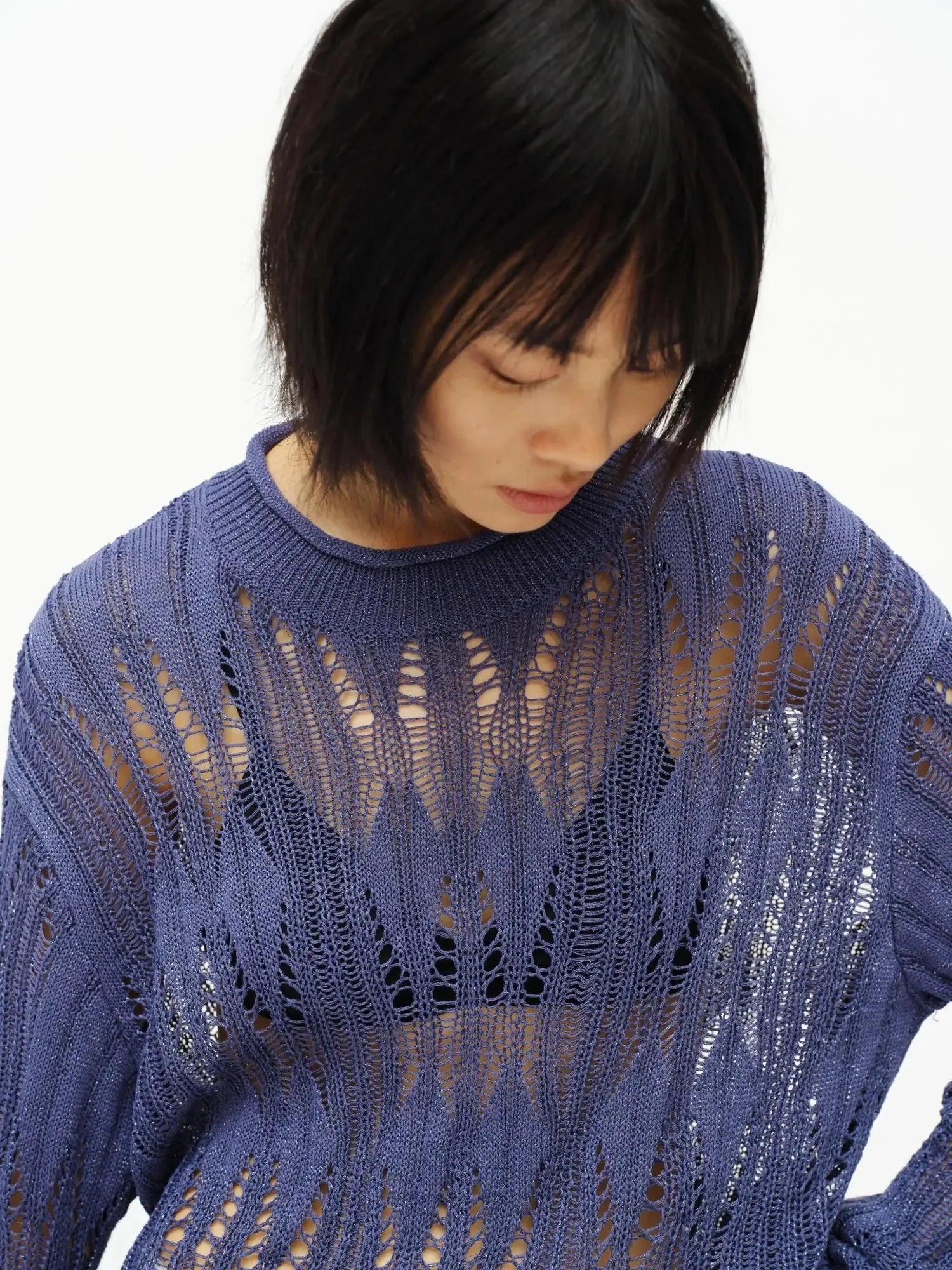 Openwork Metallic Knit Sweater Galaxy Grey