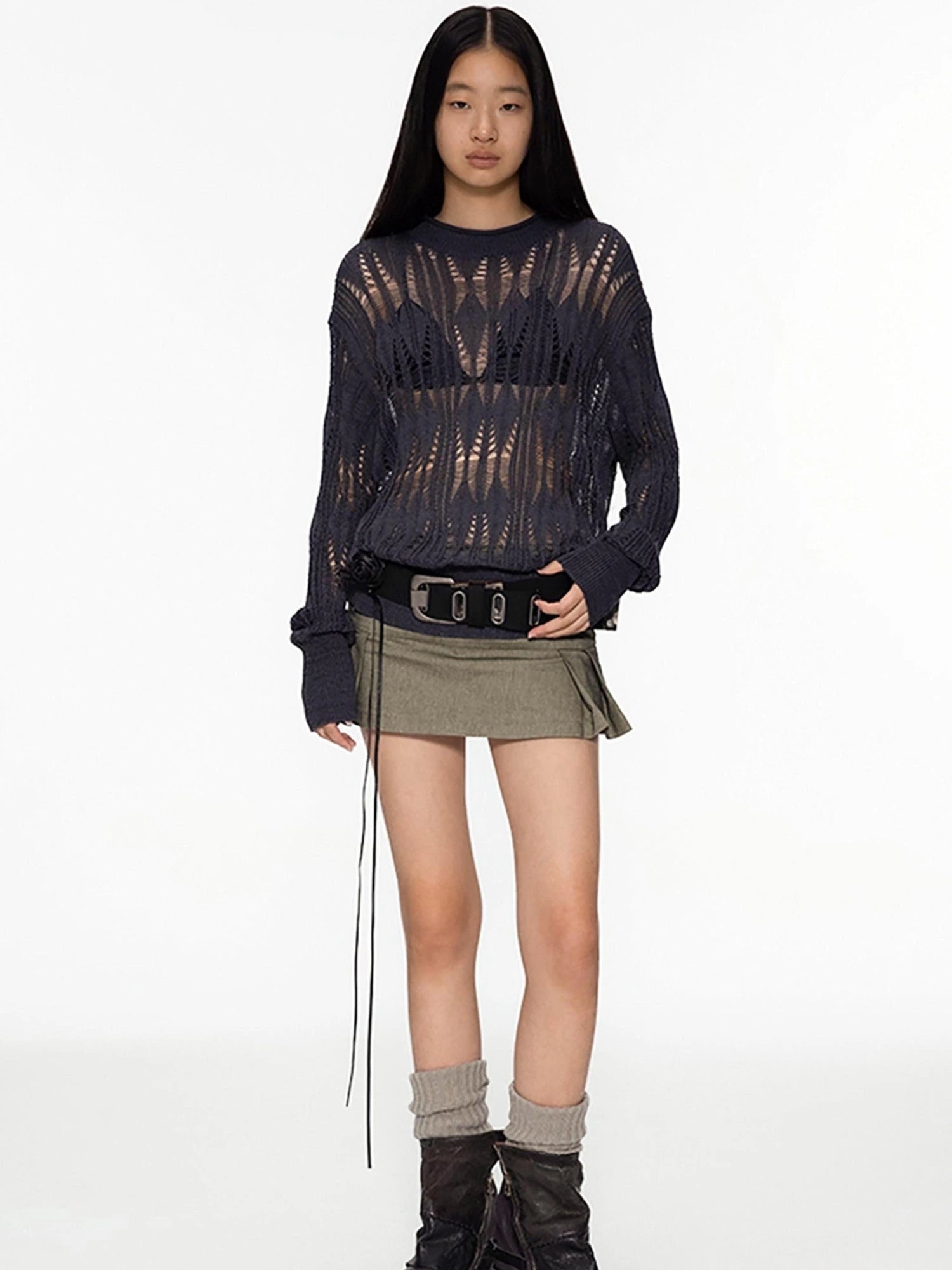 Openwork Metallic Knit Sweater Galaxy Grey