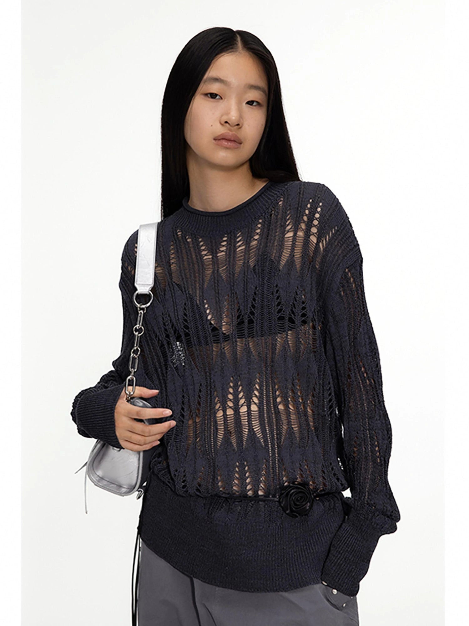 Openwork Metallic Knit Sweater Galaxy Grey