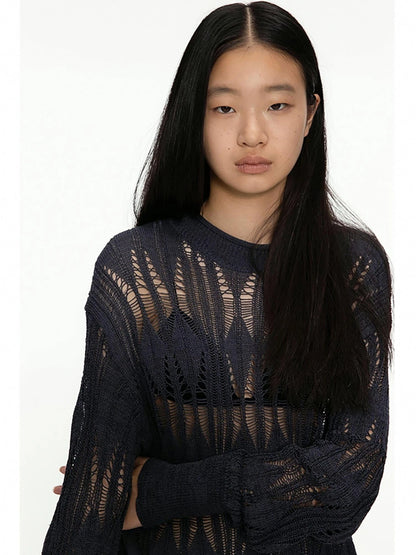 Openwork Metallic Knit Sweater Galaxy Grey