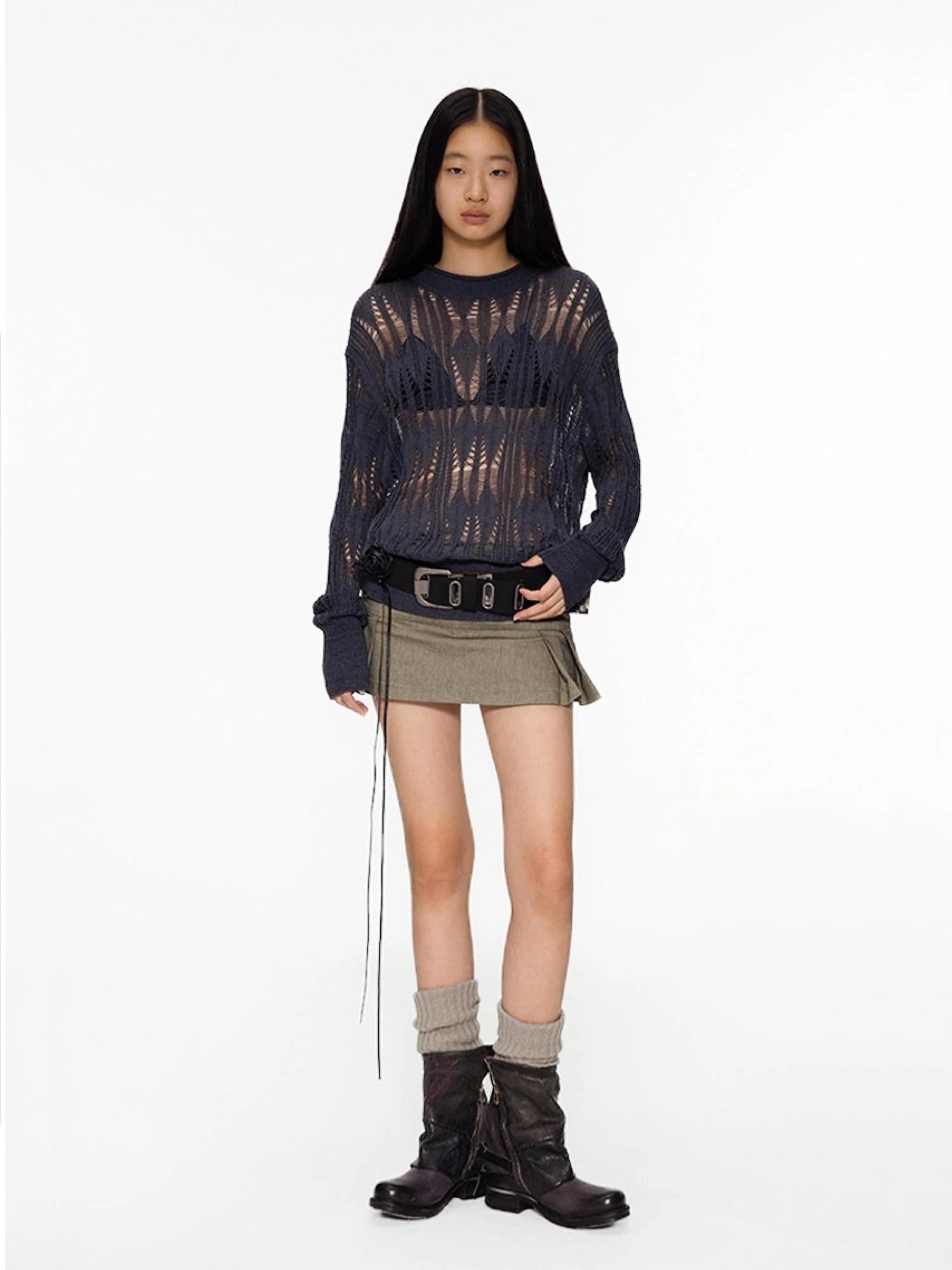 Openwork Metallic Knit Sweater Galaxy Grey