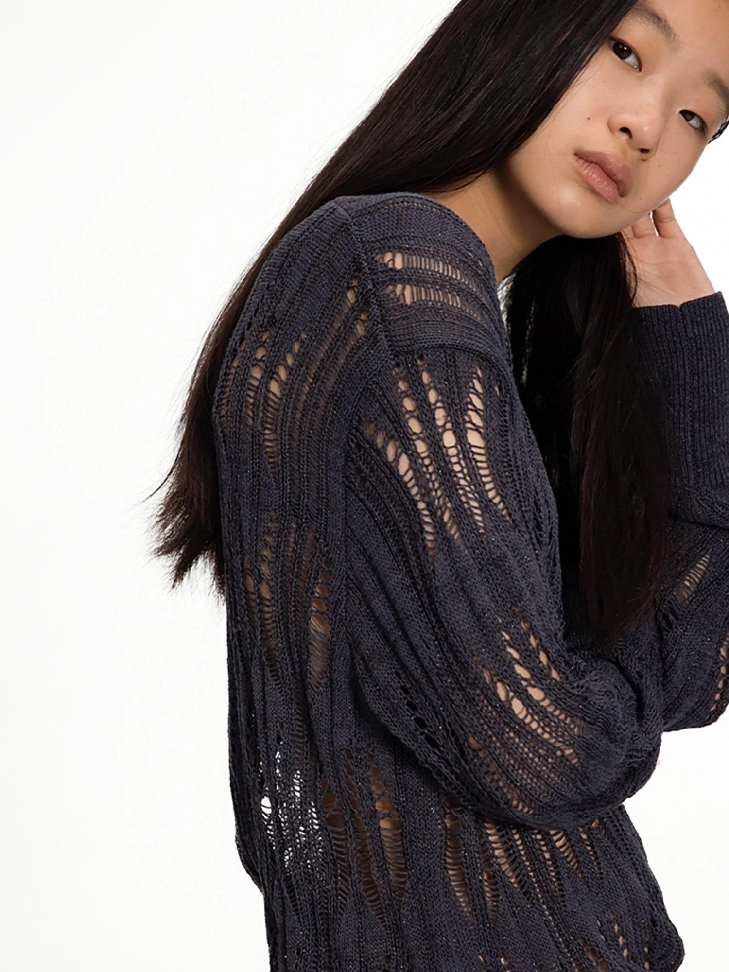 Openwork Metallic Knit Sweater Galaxy Grey