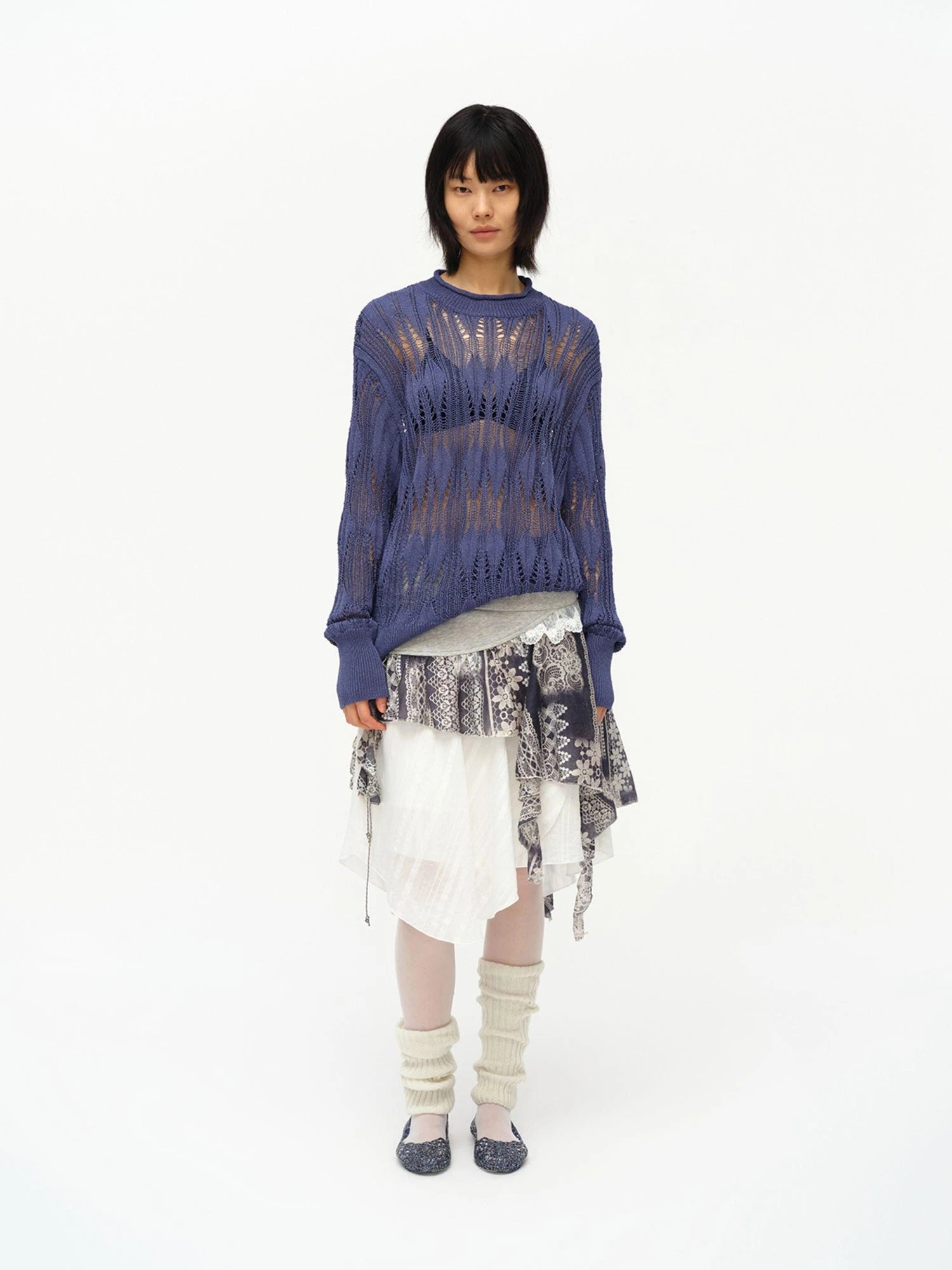 Openwork Metallic Knit Sweater Galaxy Grey