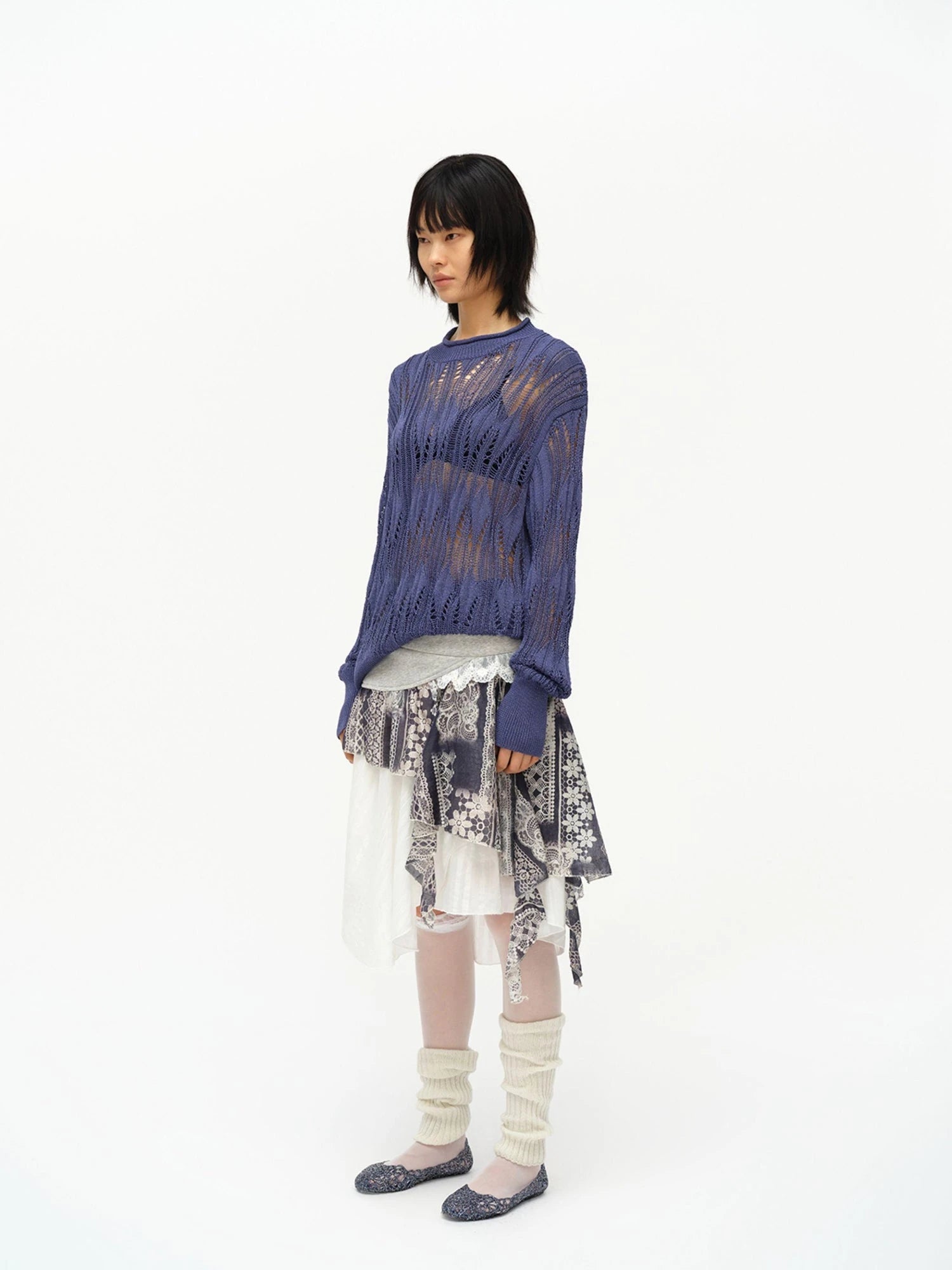 Openwork Metallic Knit Sweater Galaxy Grey