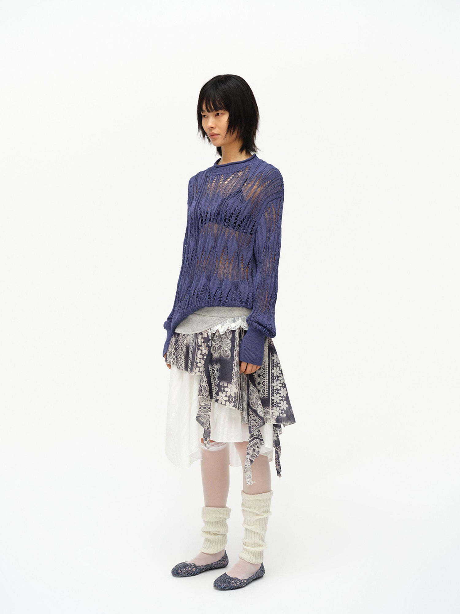 oinimi Openwork Metallic Knit Sweater Galaxy Grey