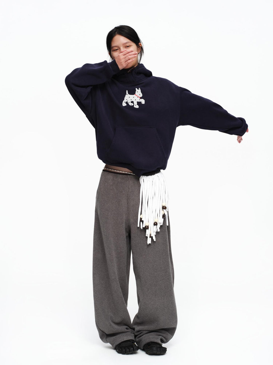 oinimi Organic Cotton Fleece Loose Fit Patch Detail Unisex Cartoon Dog Print Hoodies