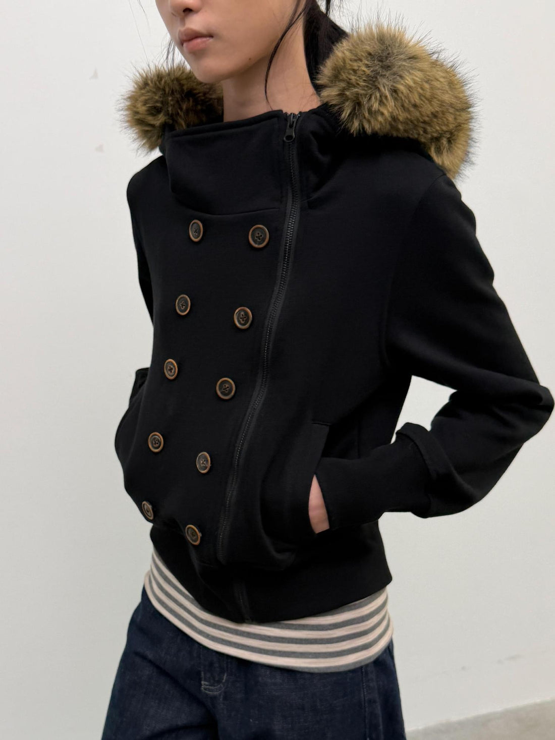 oinimi Organic Cotton Slim Fit Asymmetric Cropped Stand Collar Unisex Fleece Hoodies