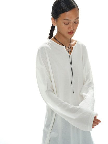 oinimi Oversized White V-Neck Sun Protection Tee Dropped Shoulder Relaxed Fit