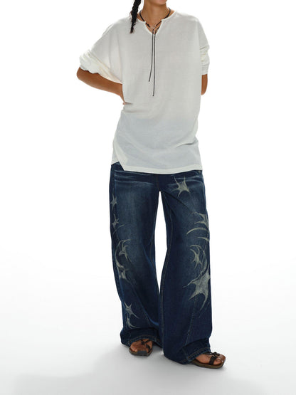 oinimi Oversized White V-Neck Sun Protection Tee Dropped Shoulder Relaxed Fit