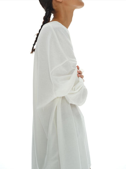 oinimi Oversized White V-Neck Sun Protection Tee Dropped Shoulder Relaxed Fit