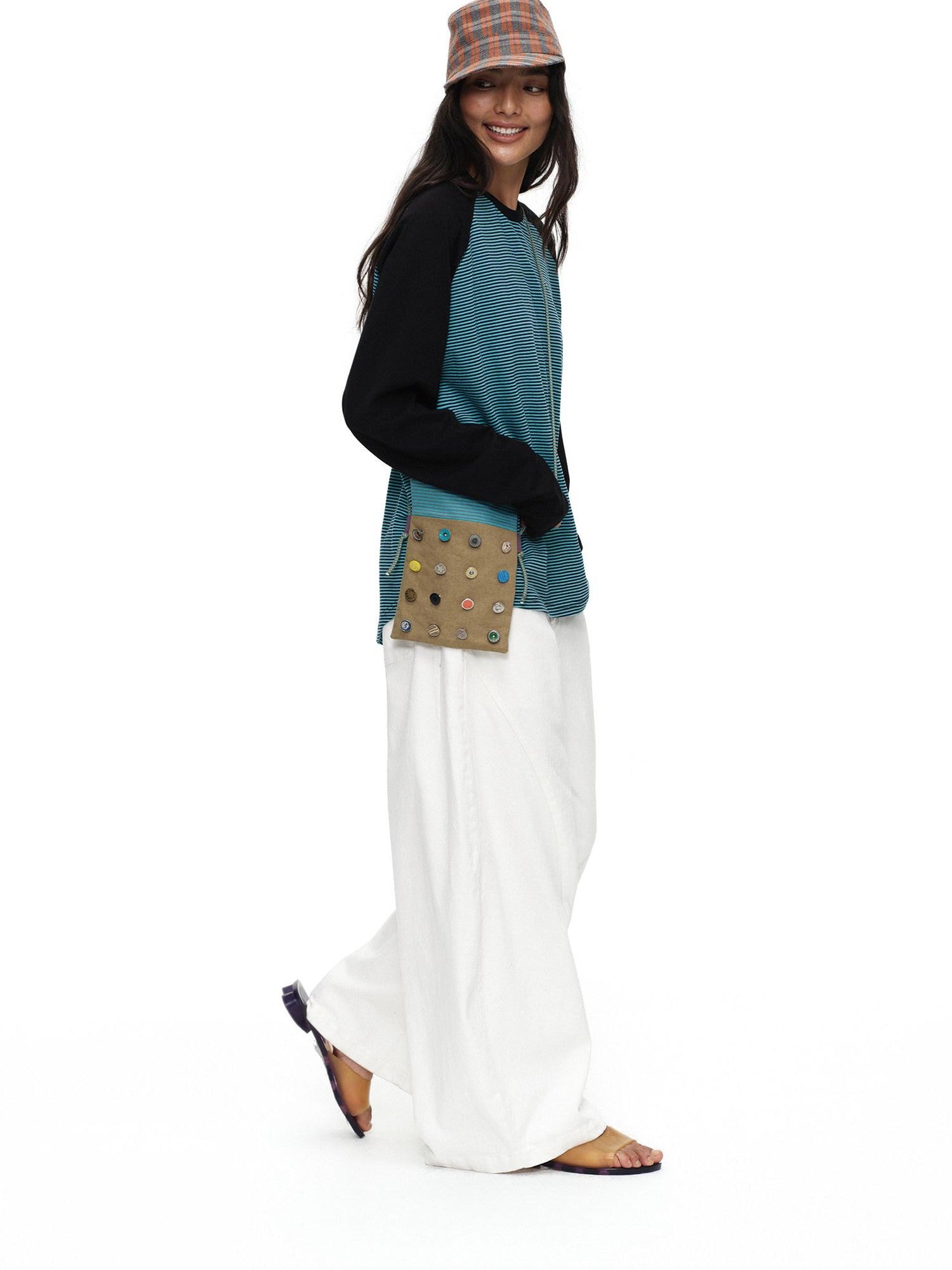 oinimi Playful Button Badge Colorblock Stripe Square Women&