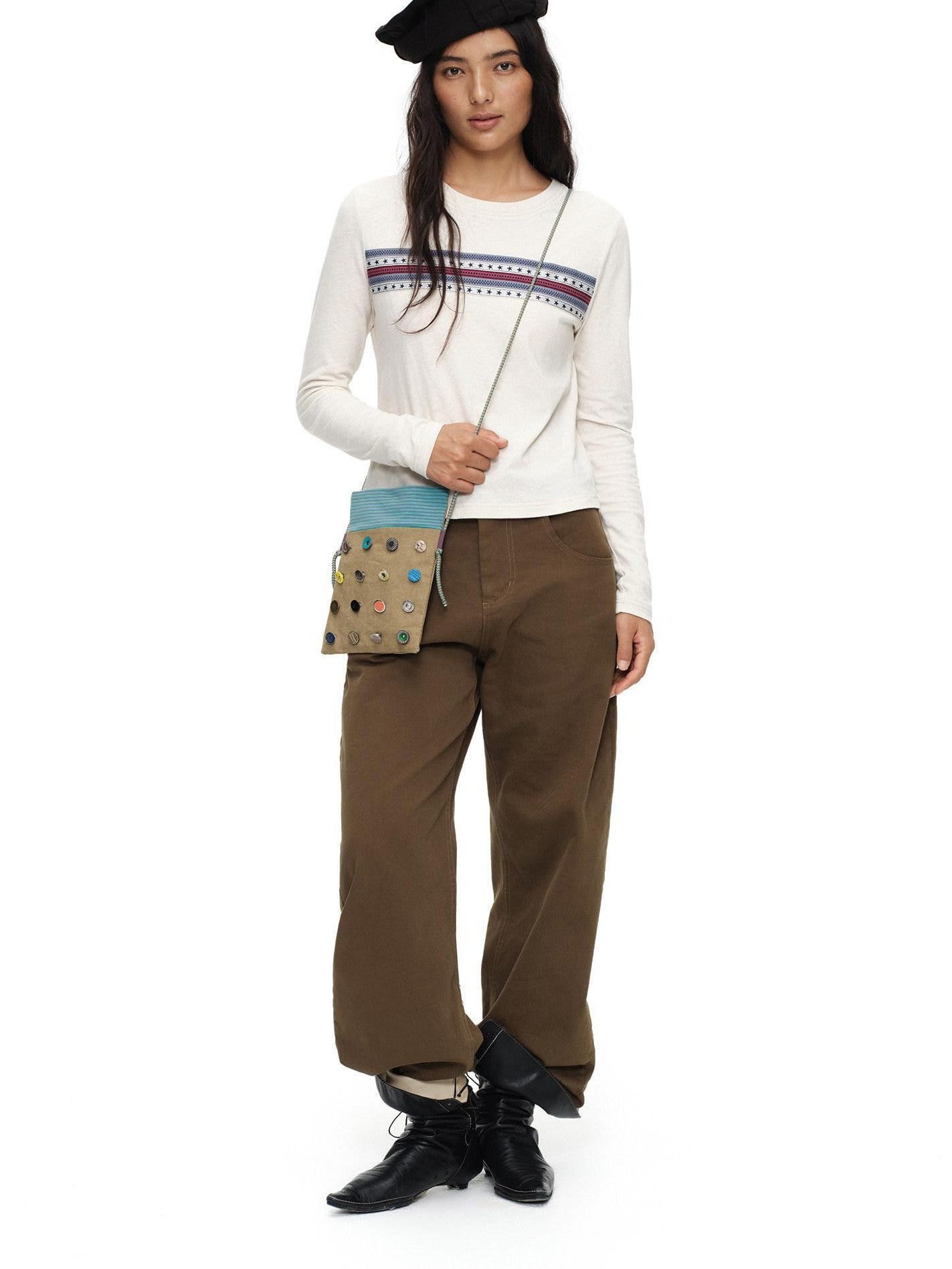 oinimi Playful Button Badge Colorblock Stripe Square Women&