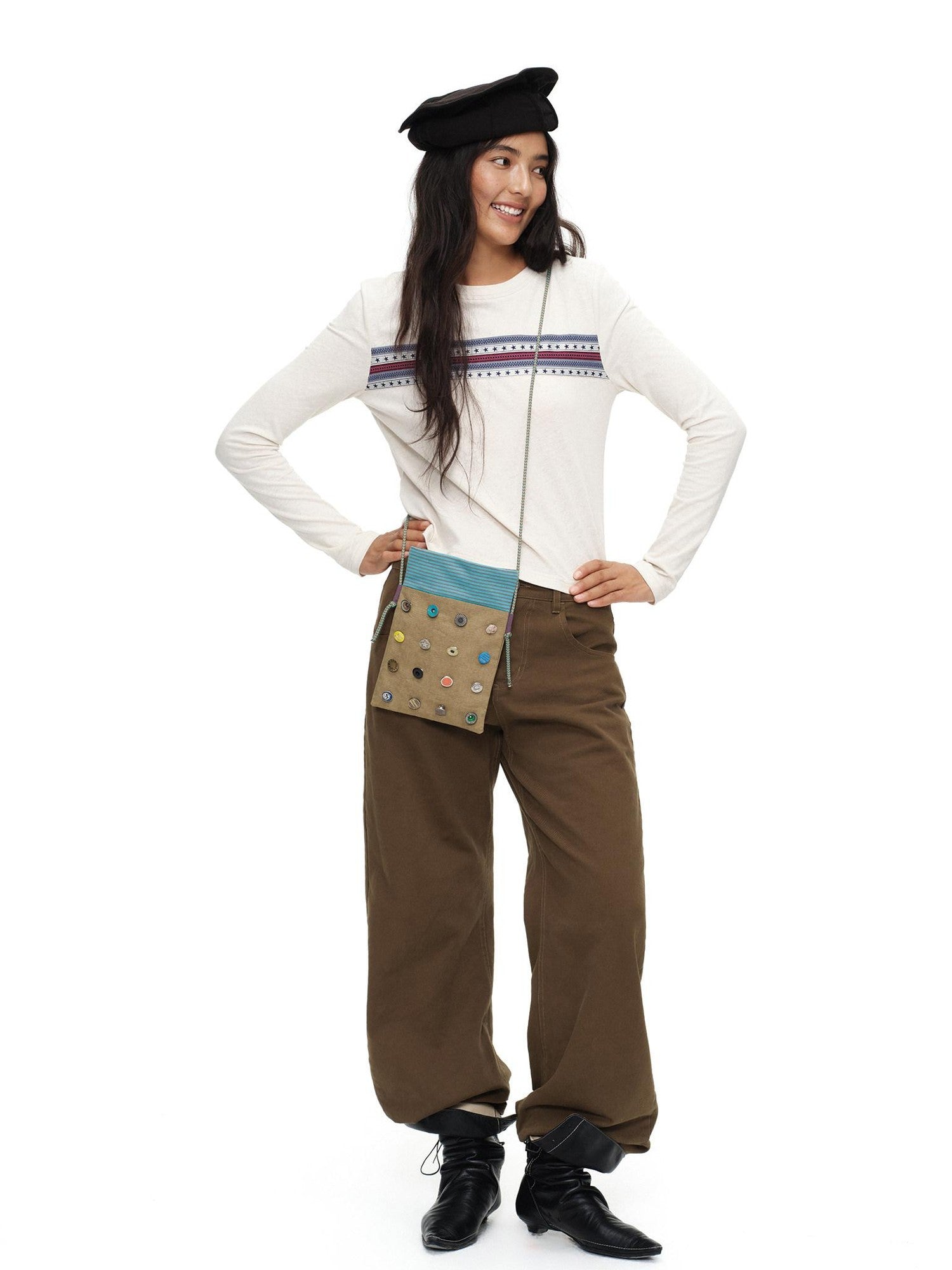 oinimi Playful Button Badge Colorblock Stripe Square Women&