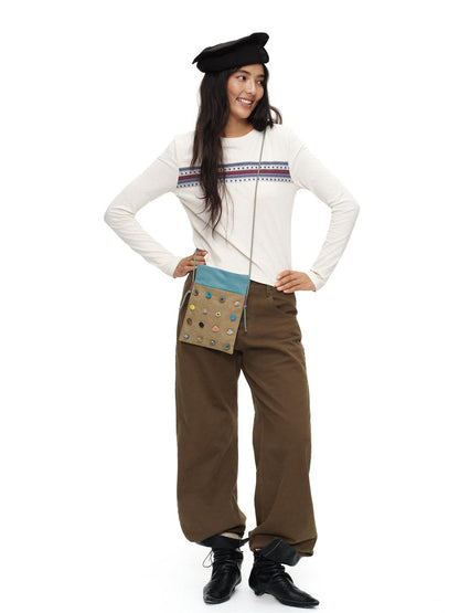 oinimi Playful Button Badge Colorblock Stripe Square Women&