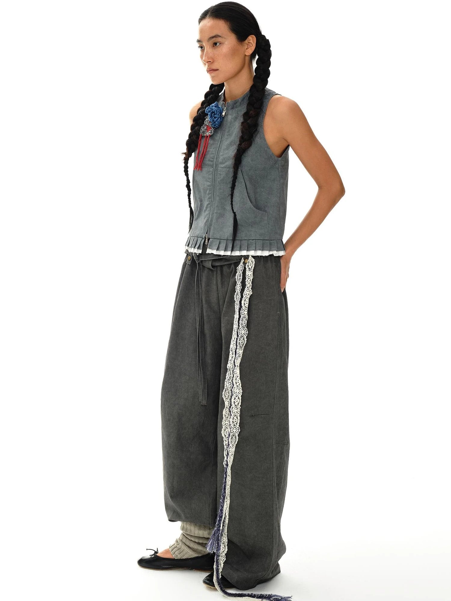 Pleated Mud Dyed Mouse Gray Vest With Raw Hem