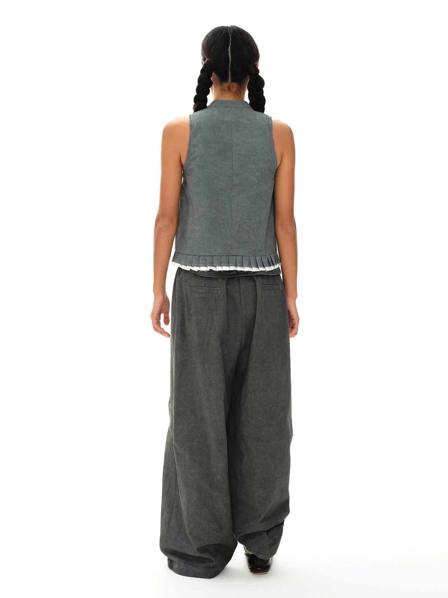 Pleated Mud Dyed Mouse Gray Vest With Raw Hem