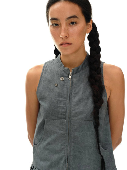 Pleated Mud Dyed Mouse Gray Vest With Raw Hem