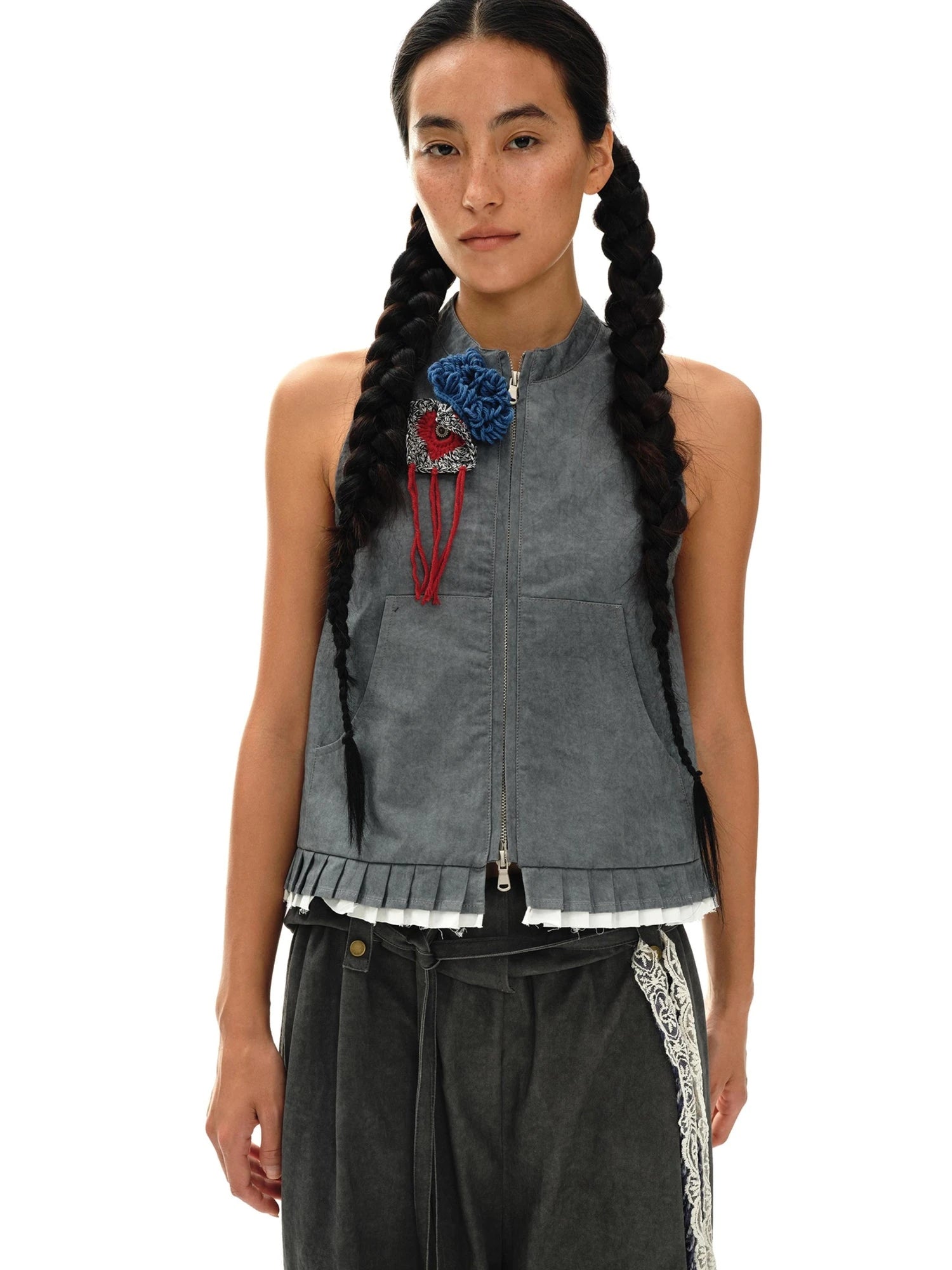 Pleated Mud Dyed Mouse Gray Vest With Raw Hem