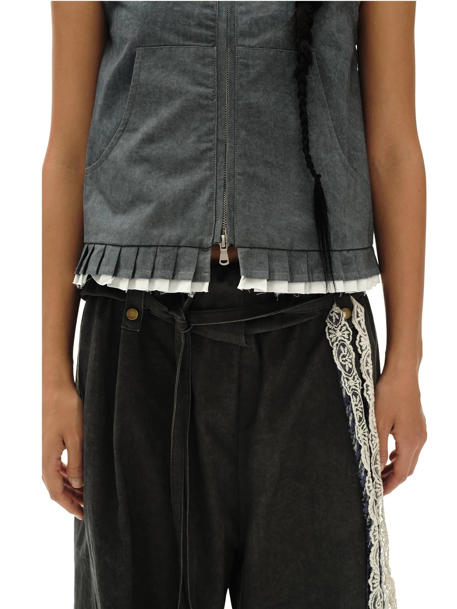Pleated Mud Dyed Mouse Gray Vest With Raw Hem