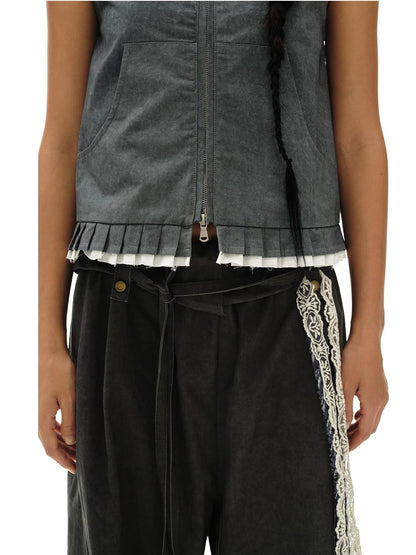 Pleated Mud Dyed Mouse Gray Vest With Raw Hem