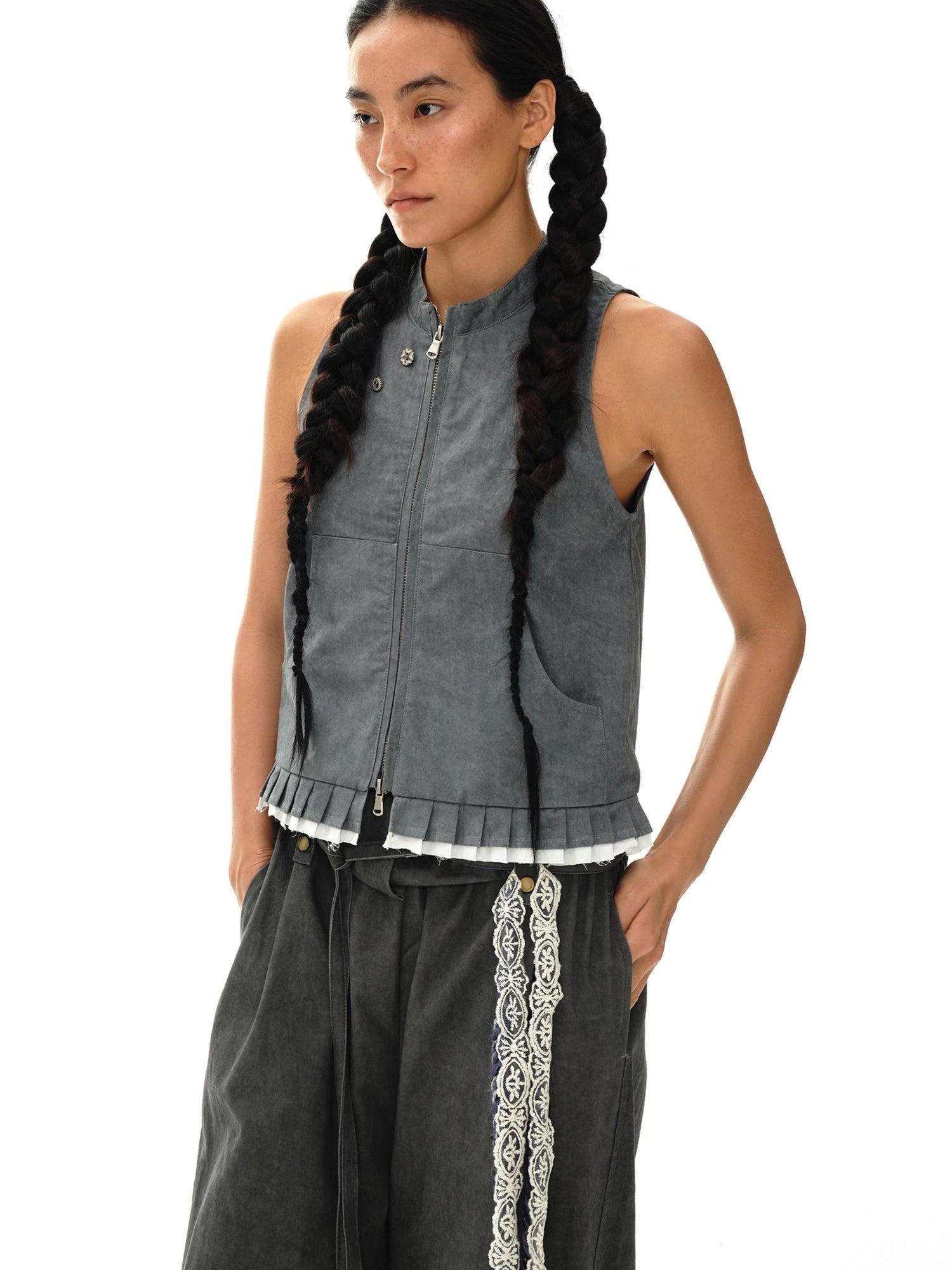 Pleated Mud Dyed Mouse Gray Vest With Raw Hem