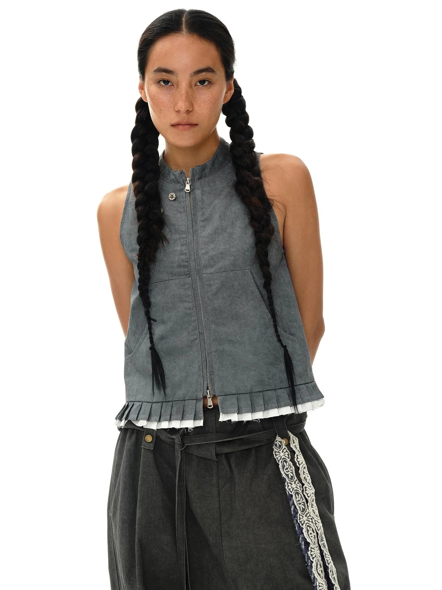Pleated Mud Dyed Mouse Gray Vest With Raw Hem