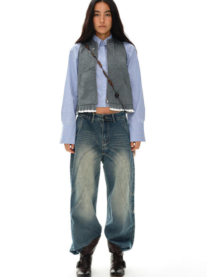 oinimi Pleated Mud Dyed Mouse Gray Vest With Raw Hem