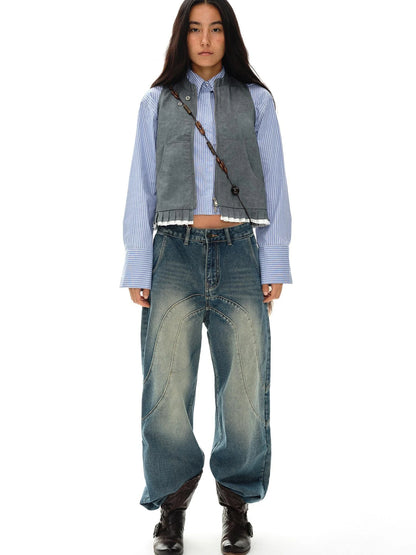 Pleated Mud Dyed Mouse Gray Vest With Raw Hem
