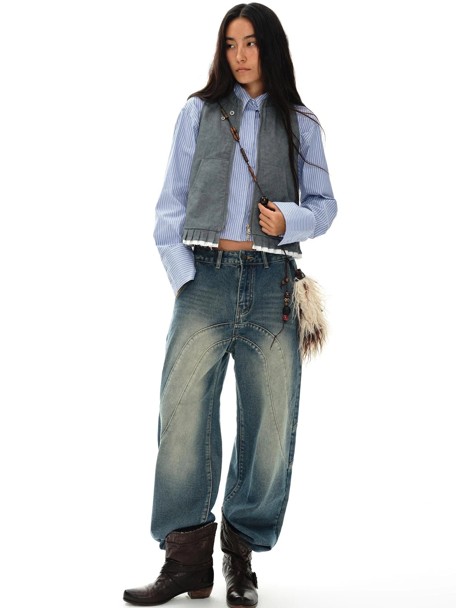 Pleated Mud Dyed Mouse Gray Vest With Raw Hem