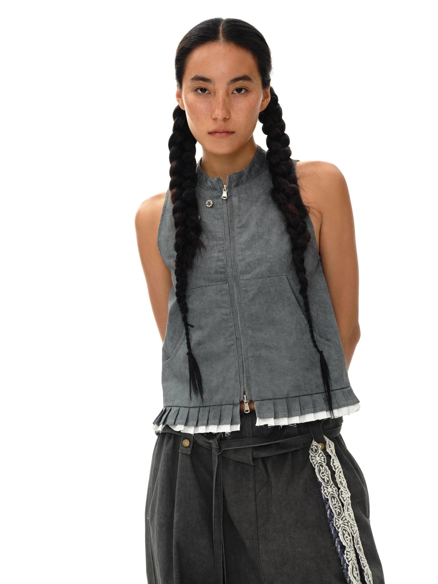 Pleated Mud Dyed Mouse Gray Vest With Raw Hem