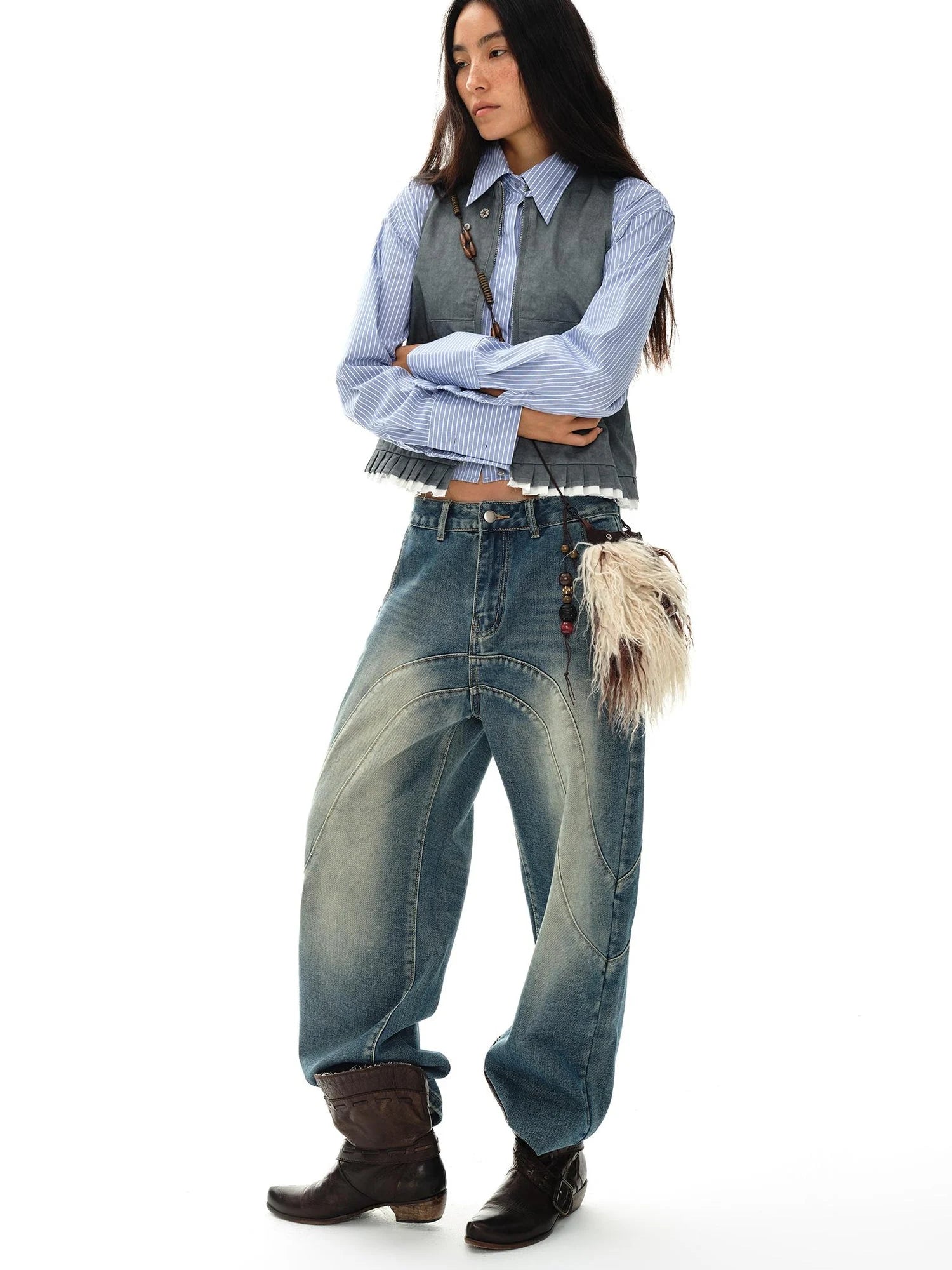 Pleated Mud Dyed Mouse Gray Vest With Raw Hem