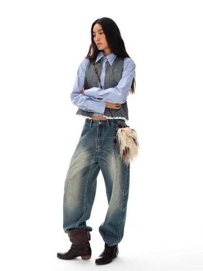 oinimi Pleated Mud Dyed Mouse Gray Vest With Raw Hem