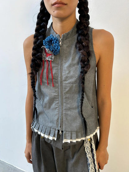 Pleated Mud Dyed Mouse Gray Vest With Raw Hem