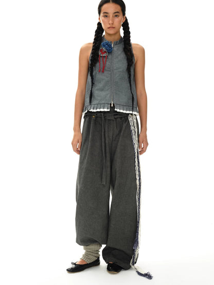 Pleated Mud Dyed Mouse Gray Vest With Raw Hem