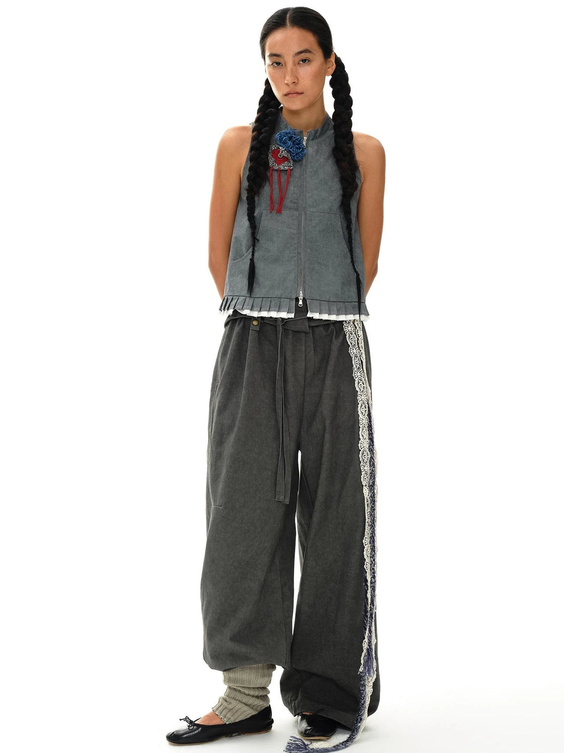 Pleated Mud Dyed Mouse Gray Vest With Raw Hem