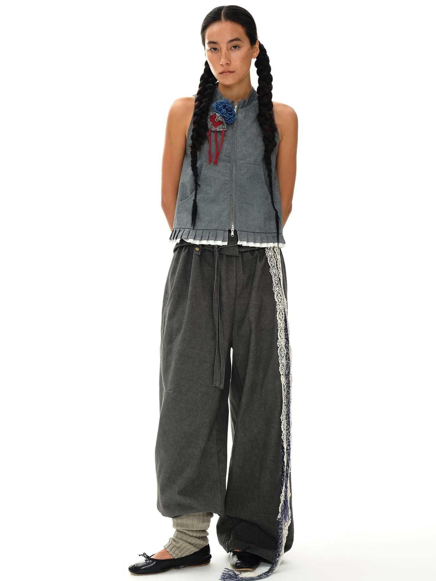 Pleated Mud Dyed Mouse Gray Vest With Raw Hem