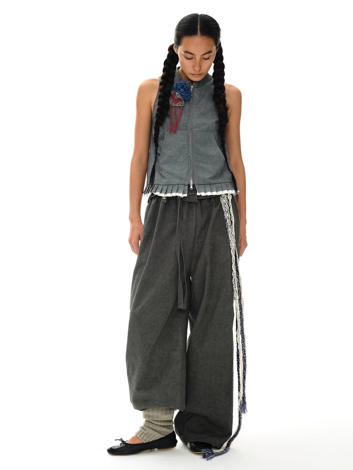 Pleated Mud Dyed Mouse Gray Vest With Raw Hem