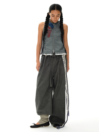 Pleated Mud Dyed Mouse Gray Vest With Raw Hem